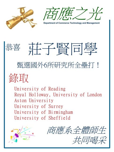 商四B莊子賢同學甄選國外大學研究所，六間全上，全壘打！